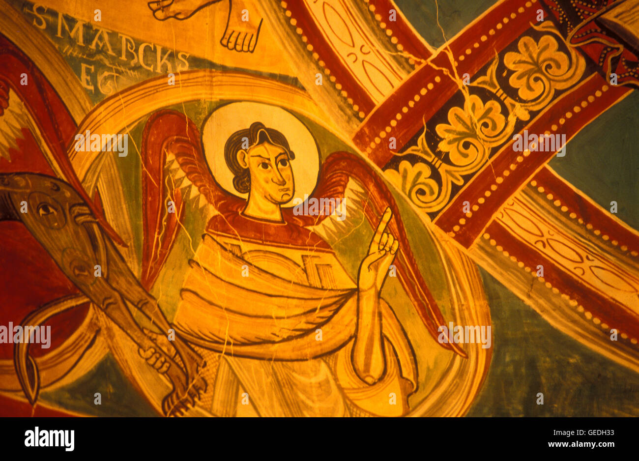 Detail of paintings in central apsis.`San Marcos´.Church of Sant Climent.Romanesque church. Taüll. Boí valley.Lleida province. Stock Photo
